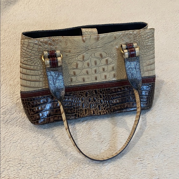 Brahmin Genuine Crocodile Embossed Leather Tote Shoulder Bag Neutral Brown - Picture 2 of 15